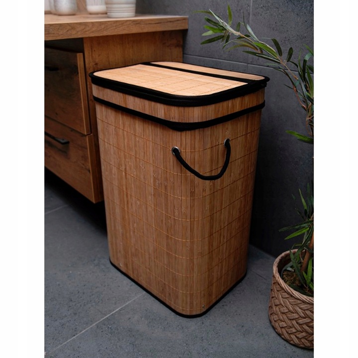 BAMBUSOWY CZARNY KOSZ NA PRANIE WOLNOSTOJĄCY POJEMNIK Z POKRYWĄ 72L