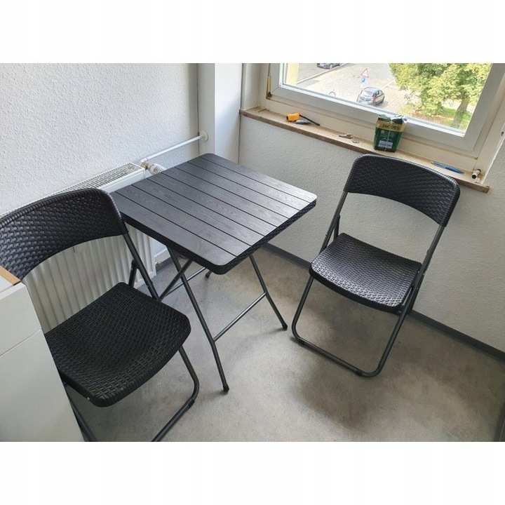 ZESTAW BISTRO 3W1 STÓŁ + 2 KRZESŁA IMITACJA RATTANU ZESTAW BALKONOWY CZARNY