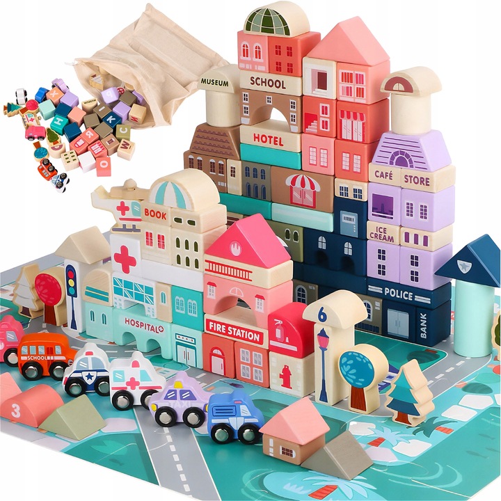 DREWNIANE KLOCKI ZESTAW DROGA MIASTO 115 ELEMENTÓW MATA POJAZDY AKCESORIA