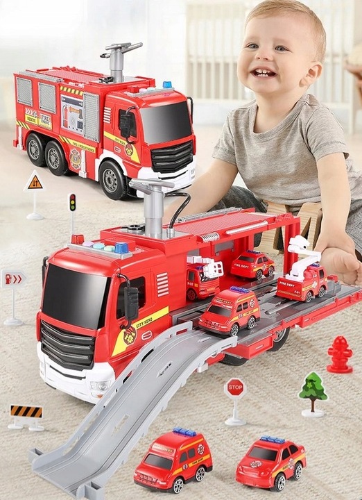 DUŻY WÓZ STRAŻACKI NA WODĘ STRAŻ POŻARNA zjeżdżalnia 4 auta ŚWIATŁO DŻWIĘK