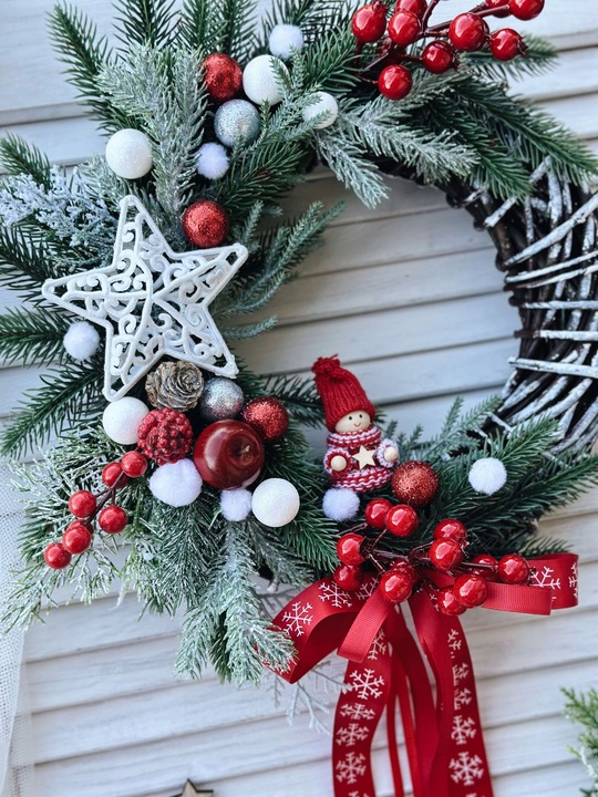 WIANEK ŚWIĄTECZNY BOŻE NARODZENIE WIENIEC NA DRZWI STROIK KOKARDA SKRZAT