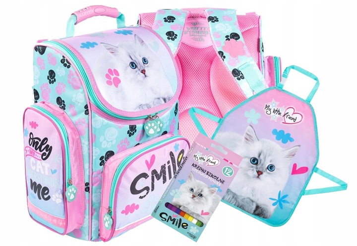 Tornister szkolny + fartuszek + kredki My Little Friends Cat kotek pastel