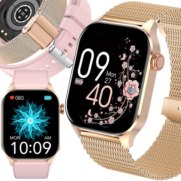 SMARTWATCH DAMSKI POMIAR GLUKOZY CIŚNIENIE KROKI MENU PL ROZMOWY 2 PASKI