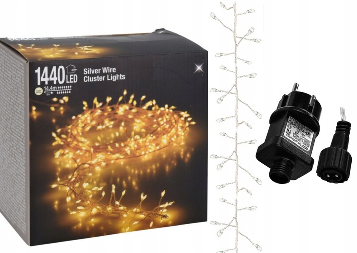 Lampki choinkowe 1440 LED biały ciepły 14,4 m cluster RYŻ SREBRNY DRUCIK