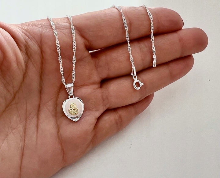 Srebrny łańcuszek 40cm Singapur i medalik serce MB Komunia Chrzest prezent