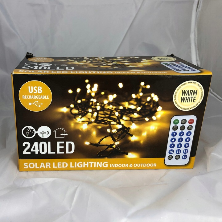 Lampki choinkowe 2w1 SOLARNE + AKUMULATOR 240 LED ciepłe 13 programów 11m