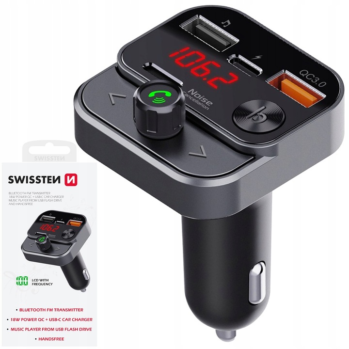 SWISSTEN Transmiter FM Bluetooth USB-A na PENDRIVE SZYBKA ŁADOWARKA USB-C