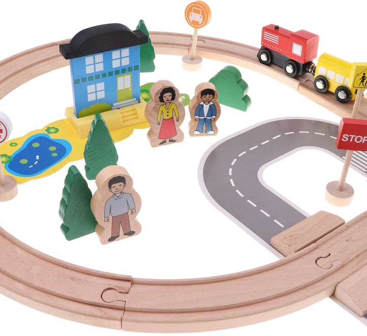 DREWNIANA KOLEJKA TOR WAGONY POCIĄG Budynki Ciuchcia Lokomotywa Zestaw