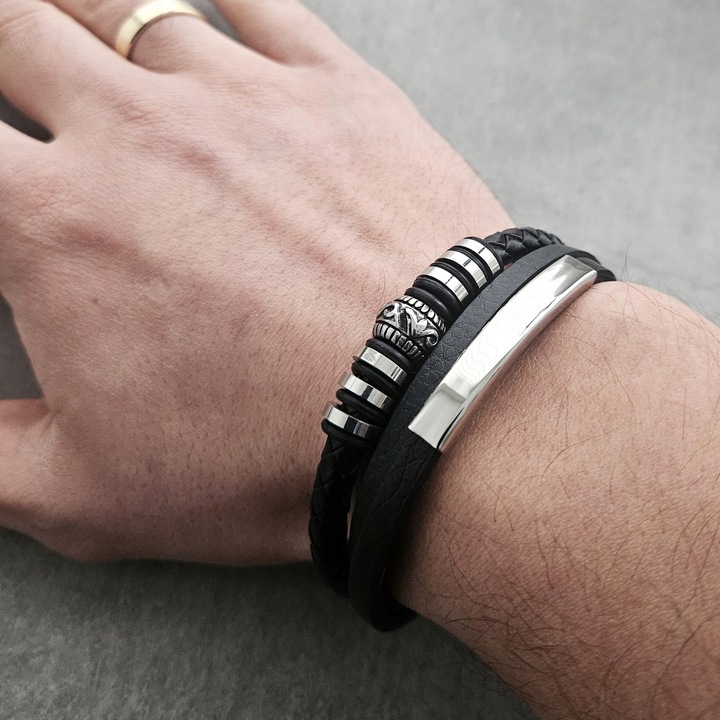 BRANSOLETKA MĘSKA SKÓRZANA SKÓRA GRAWER GRATIS SREBRNA REGULOWANA 21-24CM!