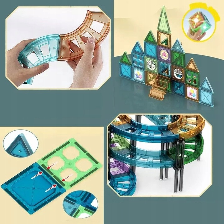 KLOCKI MAGNETYCZNE DLA DZIECI EDUKACYJNE PANELE KOLEJKA TOR + 2 AUTKA 59 EL