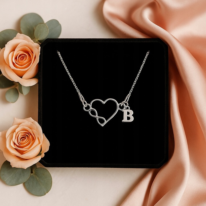 Naszyjnik srebrny serce i nieskończoność z literką do wyboru 925 łańcuszek