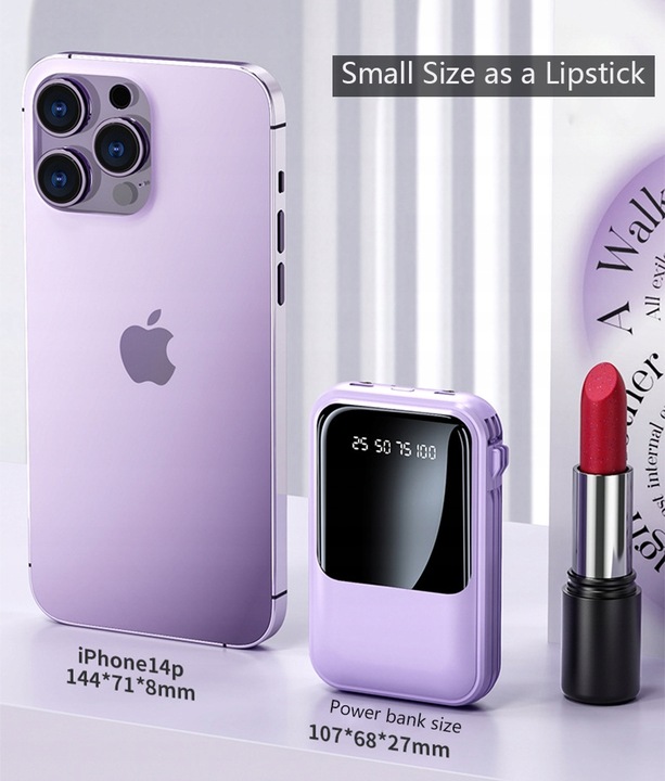 POWER BANK 10000MAH USB/USB-C QC PD WBUDOWANY KABEL Wyświetlacz cyfrowy