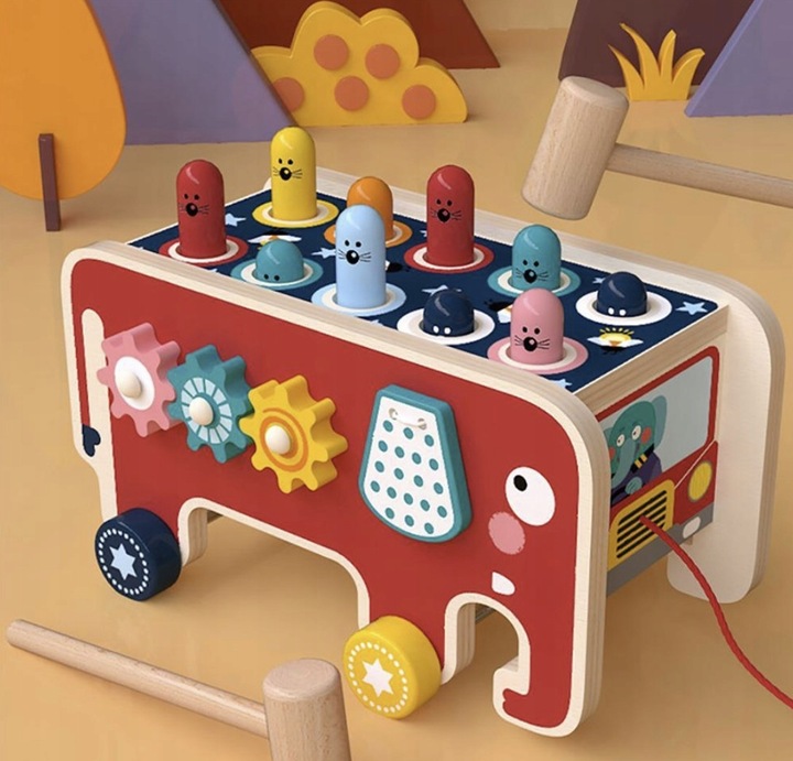 Drewniana Kostka Edukacyjna Słoń Wbijak Młotek Zabawka Prezent dla Dzieci