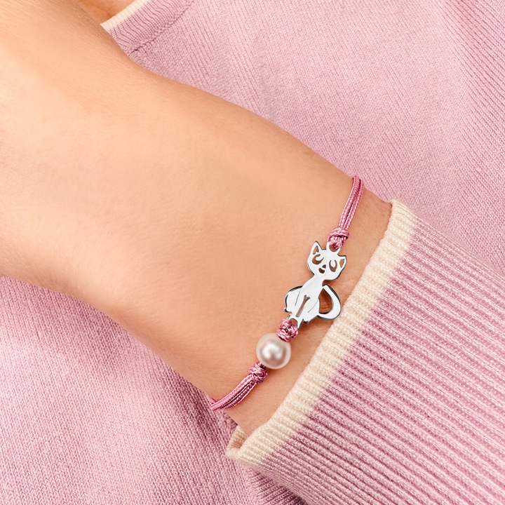 Bransoletka dla dziewczynki srebrna na sznurku kotek srebro 925 regulowana