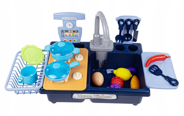 KUCHNIA ZLEW Z WODĄ DLA DZIECI KRAN NA BATERIE PALNIKI AKCESORIA WARZYWA