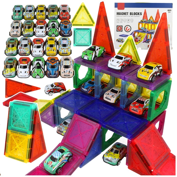 DUŻE Klocki Magnetyczne 3D Konstrukcyjne 20 Autek Zjeżdżalnia 68el Edukacja