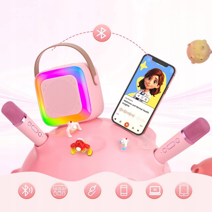 2 MIKROFONY USB JACK GŁOŚNIK PRZENOŚNY ZESTAW DO KARAOKE RGB BLUETOOTH