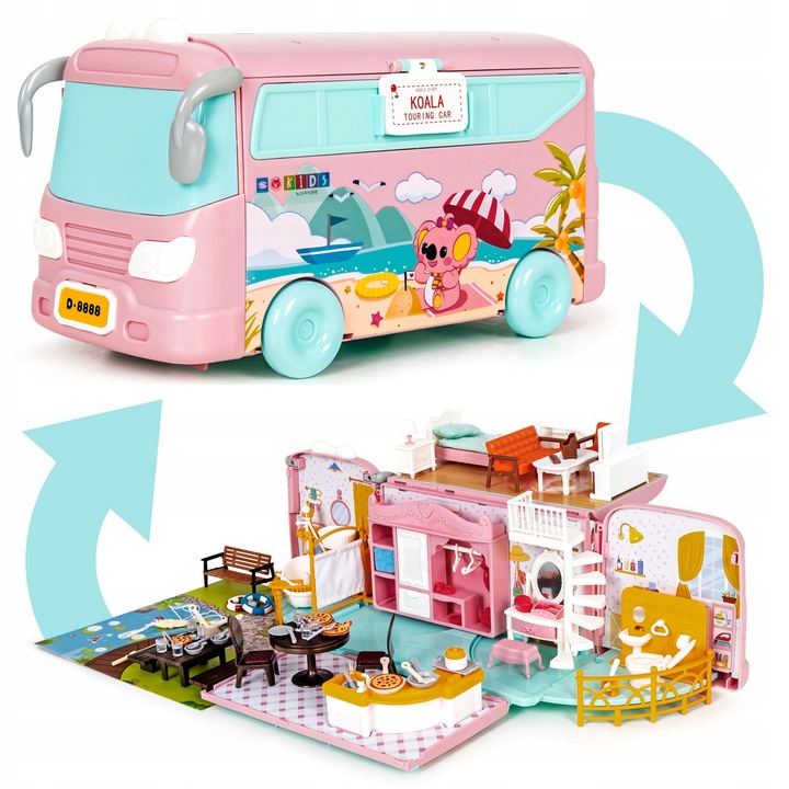 DUŻE AUTO dla LALEK AUTOBUS KAMPER WAKACYJNY rozkładany otwierany DOMEK