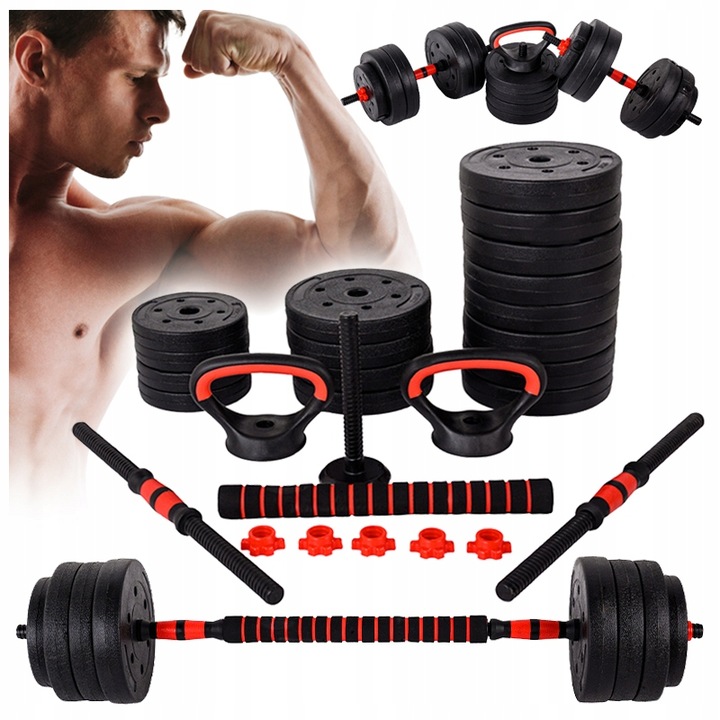 HANTLE BITUMICZNE REGULOWANE 2x20 KG+SZTANGA+UCHWYTY KETTLEBELL RP12-40