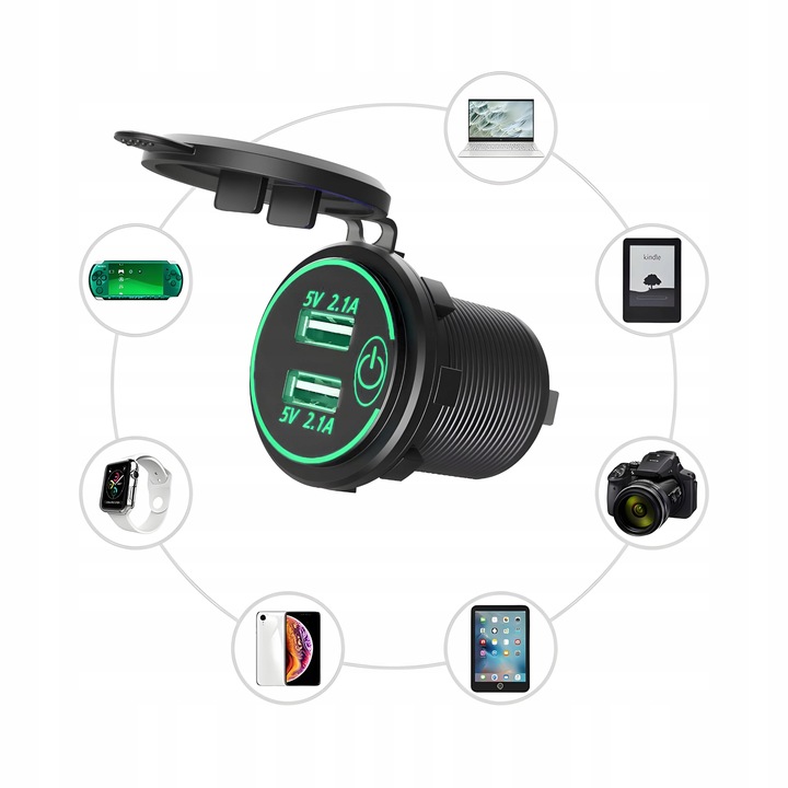 PODWÓJNA ŁADOWARKA SAMOCHODOWA GNIAZDO ZAPALNICZKI MONTAŻOWE 2x USB 5V 2.1A