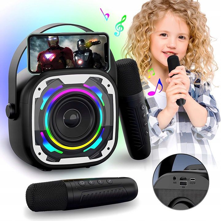 ZESTAW KARAOKE Z 2 MIKROFONY BEZPRZEWODOWE GŁOŚNIK BLUETOOTH LED KOLOROWA