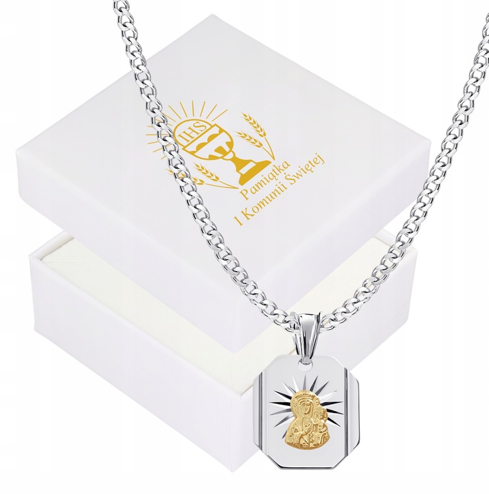 Łańcuszek Medalik Komunijny Srebrny Matka Boska do Komunii Chrztu ze Srebra
