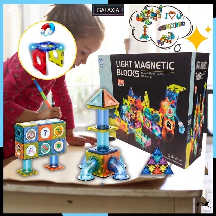 KLOCKI MAGNETYCZNE DUŻE 75 el Konstrukcyjne Świecące Dla Dzieci TOR KULKOWY