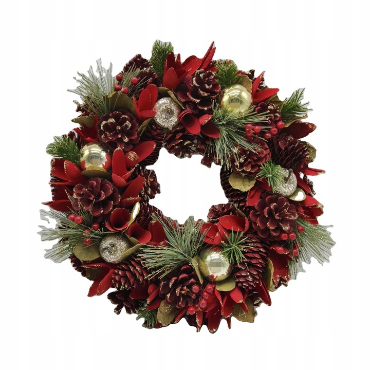 Ręcznie robiony wieniec 34 cm czerwono-złoty stroik świąteczny z szyszek