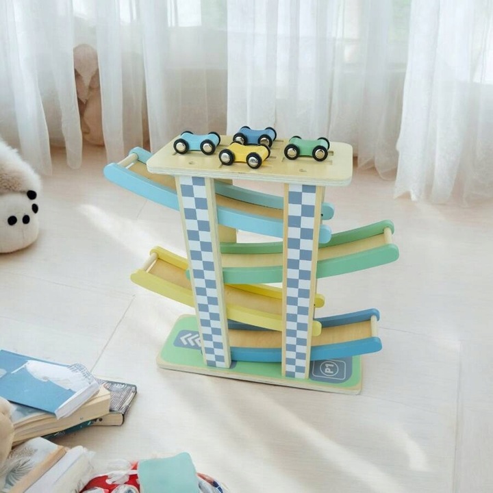 MERKAN Zestaw Drewniana Zjeżdżalnia Tor Dla Samochodzików 4 Piętra