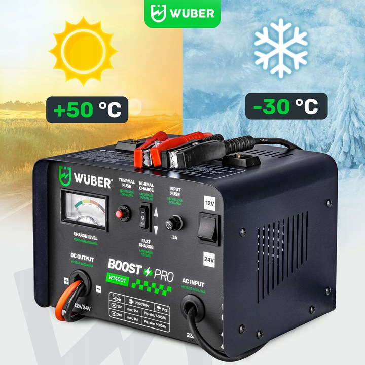 PROSTOWNIK AKUMULATOROWY 16A SAMOCHODOWY 7-180AH DO ŁADOWANIA 12V24V WUBER