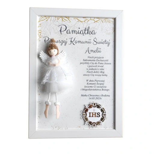 I Komunia Anioł Stróż obraz 3D upominek pamiątka od Chrzestnej Dziadków