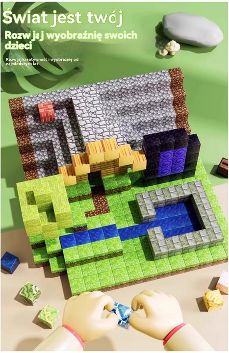 KLOCKI MAGNETYCZNE Minecraft DLA DZIECI ZABAWKA ZESTAW 100eL +3 FIGUREKA