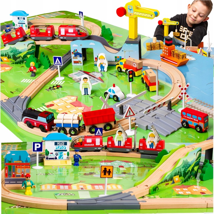 OGROMNA DREWNIANA KOLEJKA ELEKTRYCZNA 2x POCIĄG na baterie TOR MIASTO DŹWIG