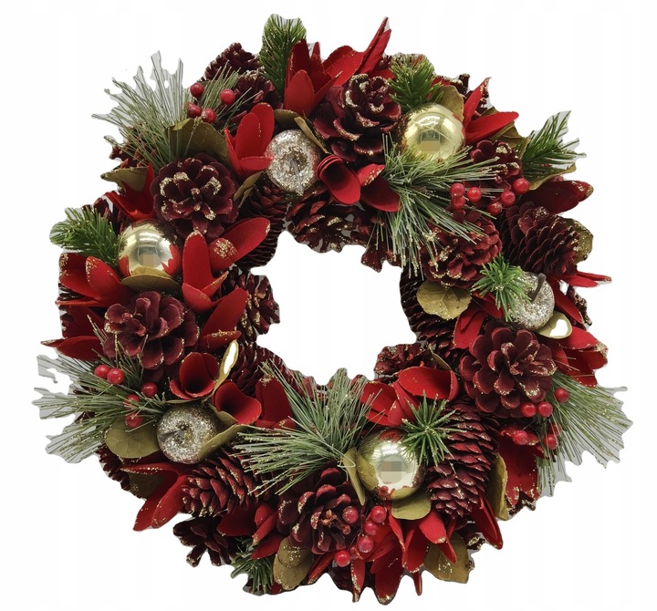 Ręcznie robiony wieniec 34 cm czerwono-złoty stroik świąteczny z szyszek