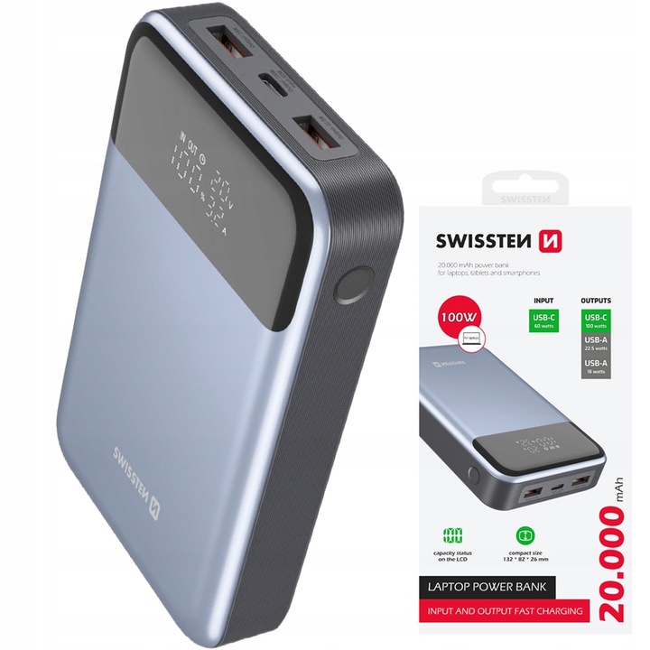 Powerbank 20000 mAh 100W do laptopa smartfona 2x USB-A 1x USB-C KOMPAKTOWY
