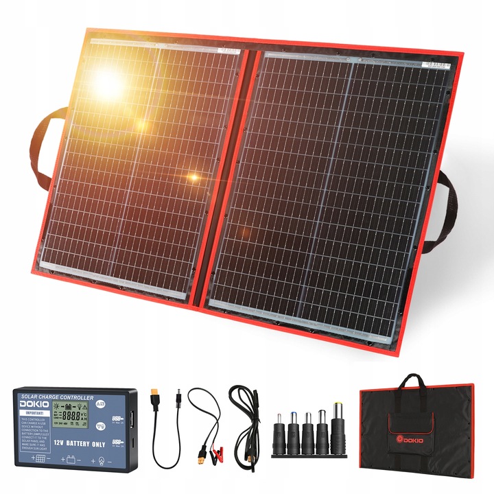 Przenośny panel słoneczny Dokio solarny 110W 18V kontroler 12V akumulator