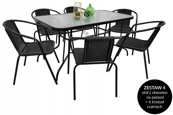 ZESTAW MEBLI OGRODOWYCH NA TARAS STÓŁ 120x70 +6x KRZESŁA LORETTO CZARNY MIX