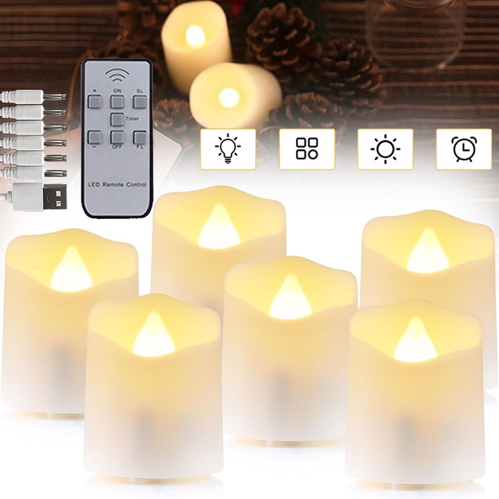 ZESTAW 6 ŚWIEC LED ŁADOWANE Z FUNKCJĄ TIMERA NA BOŻE NARODZENIE I HALLOWEEN