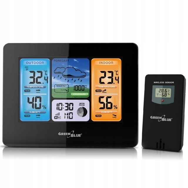 STACJA POGODOWA Higrometr Barometr Termometr Zegar Data BEZPRZEWODOWA