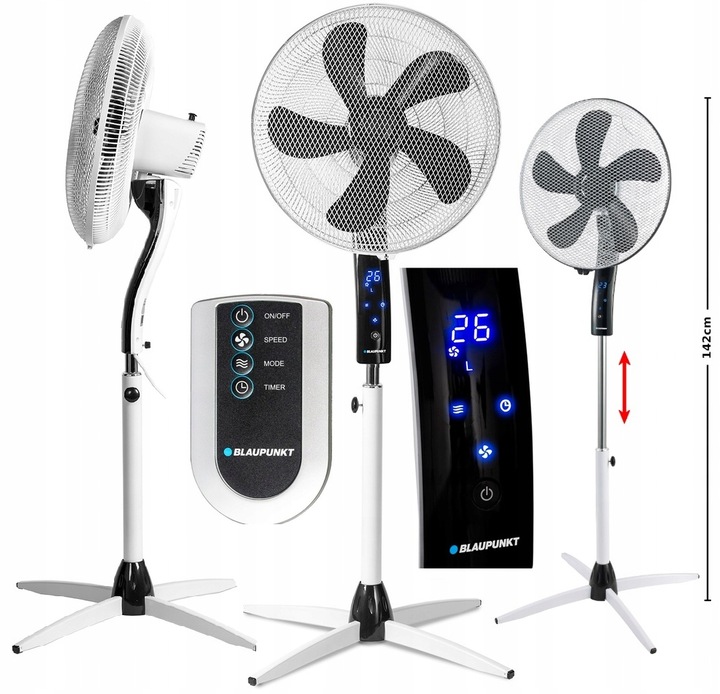 CICHY MOCNY WENTYLATOR WIATRAK PODŁOGOWY BLAUPUNKT ASF701 40dB 55W PILOT
