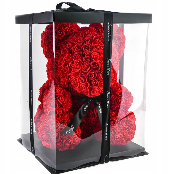 Misiek z Kwiatów Róż ZŁOŻONE PUDEŁKO Prezent na Walentynki MIŚ + Lampki Led