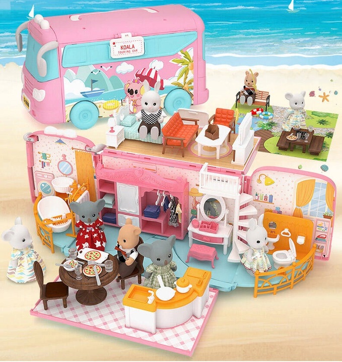 DUŻE AUTO dla LALEK AUTOBUS KAMPER WAKACYJNY rozkładany otwierany DOMEK