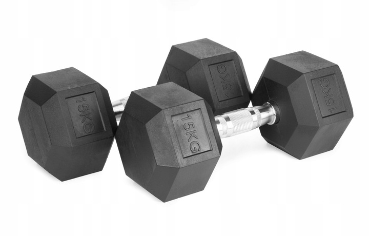 Hantle stałe 2x15kg żeliwne gumowane ZESTAW 30kg HEX do treningu SOLIDNE