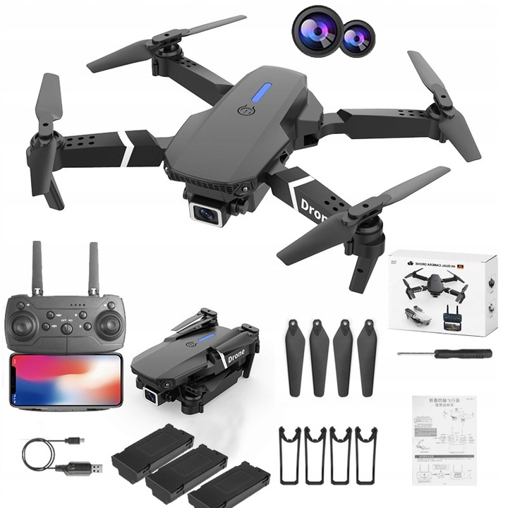 DRON E88 2x KAMERA 4K ZAWIS 200M UNIKANIE PRZESZKÓD WIFI+WALIZKA PILOT ETUI