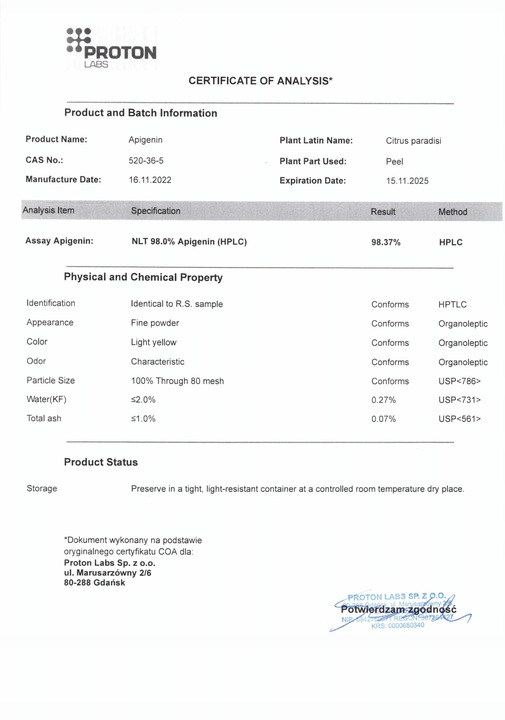 PROTON LABS Apigenina 15g CZYSTY PROSZEK Apigenin 98-99% PURE