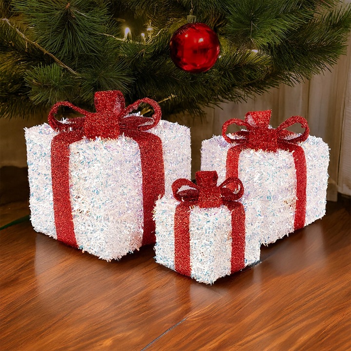 Świąteczne Pudełka Prezenty LED 3 szt. Dekoracja Boże Narodzenie Srebrne