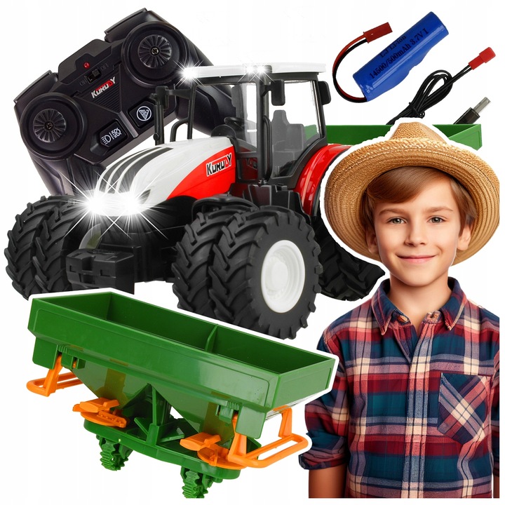 TRAKTOR ZDALNIE STEROWANY RC CIĄGNIK Z ROZSIEWACZEM NAWOZÓW PILOT ŚWIATŁA