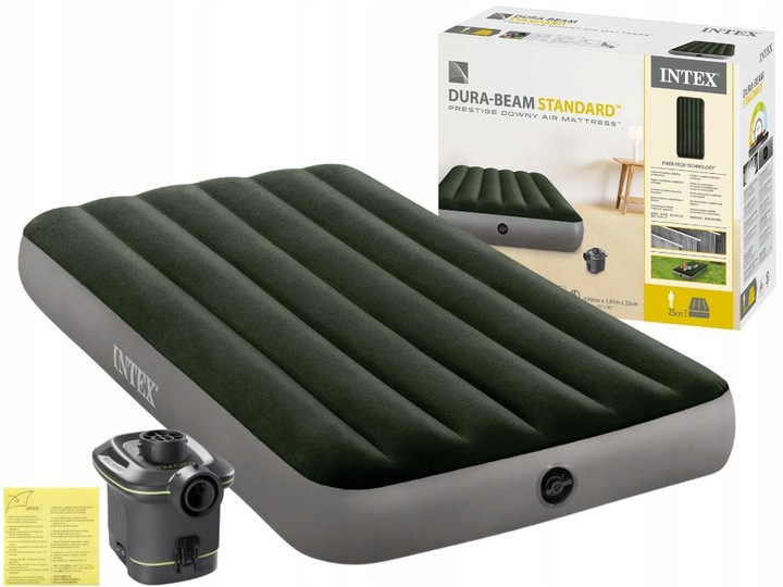 Materac Dmuchany Welurowy Łóżko z Pompką na Baterie Jednoosobowy Intex