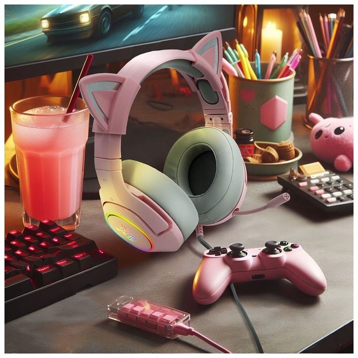 ONIKUMA K9 KOCIE USZY SŁUCHAWKI GAMINGOWE NAUSZNE PRZEWODOWE Z MIKROFONEM