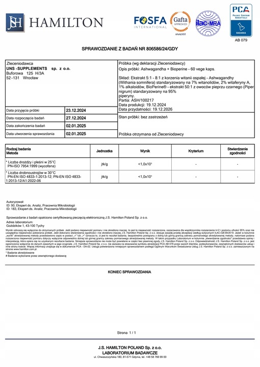 ASHWAGANDHA WITANIA OSPAŁA 570 MG 60 KAPS NA STRES, ADAPTOGEN, WITANOLIDY